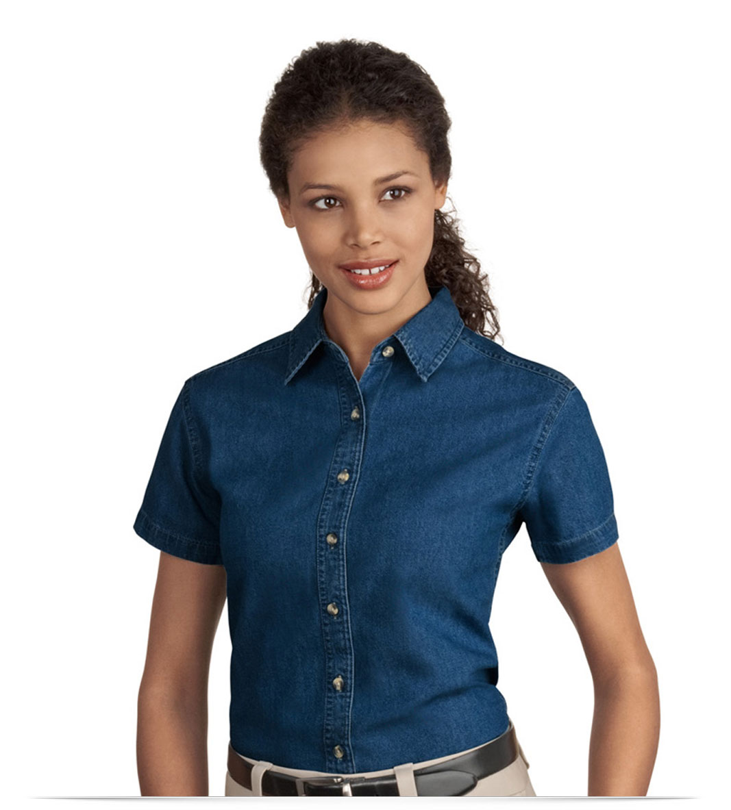 Custom Short Sleeve Women's Denim Shirt With Embroidery Logo