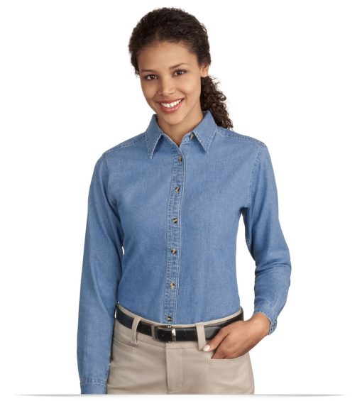 Embroidered Port Ladies Long Sleeve Value Denim Shirt