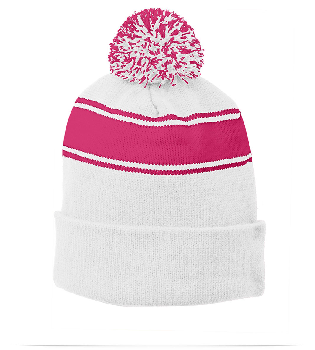 WhitePinkRaspberry Sport-Tek Stripe Pom Pom Beanie