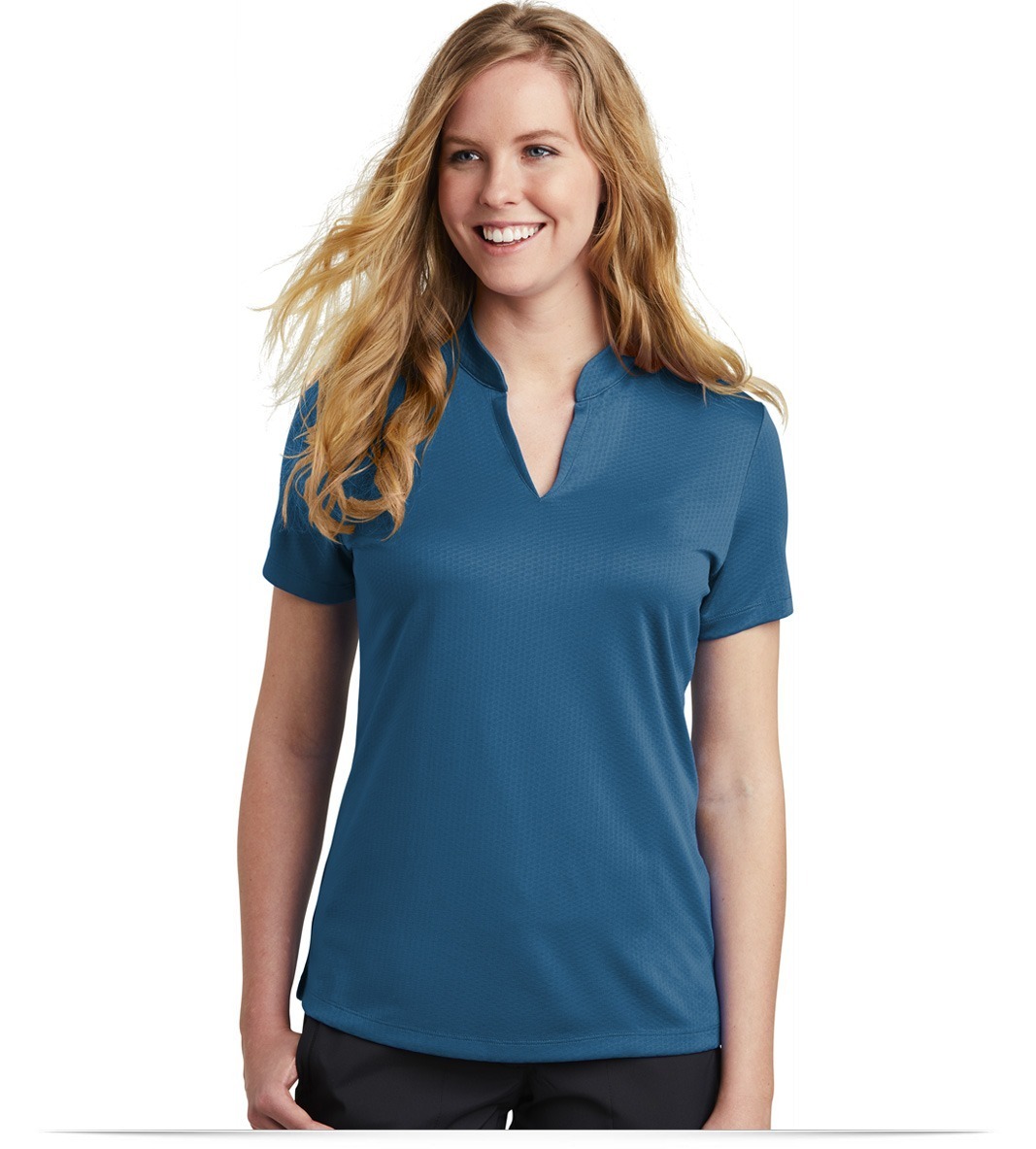 NKAA1848_courtblue_front Nike Ladies Dri-FIT Hex Textured V-Neck Top