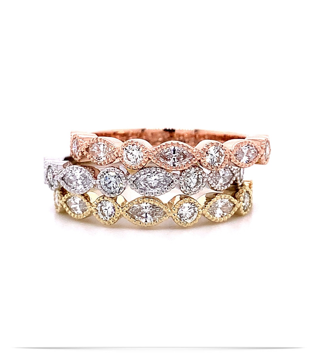 R12867-a 3 Stackable Round and Marquise Diamond Rings