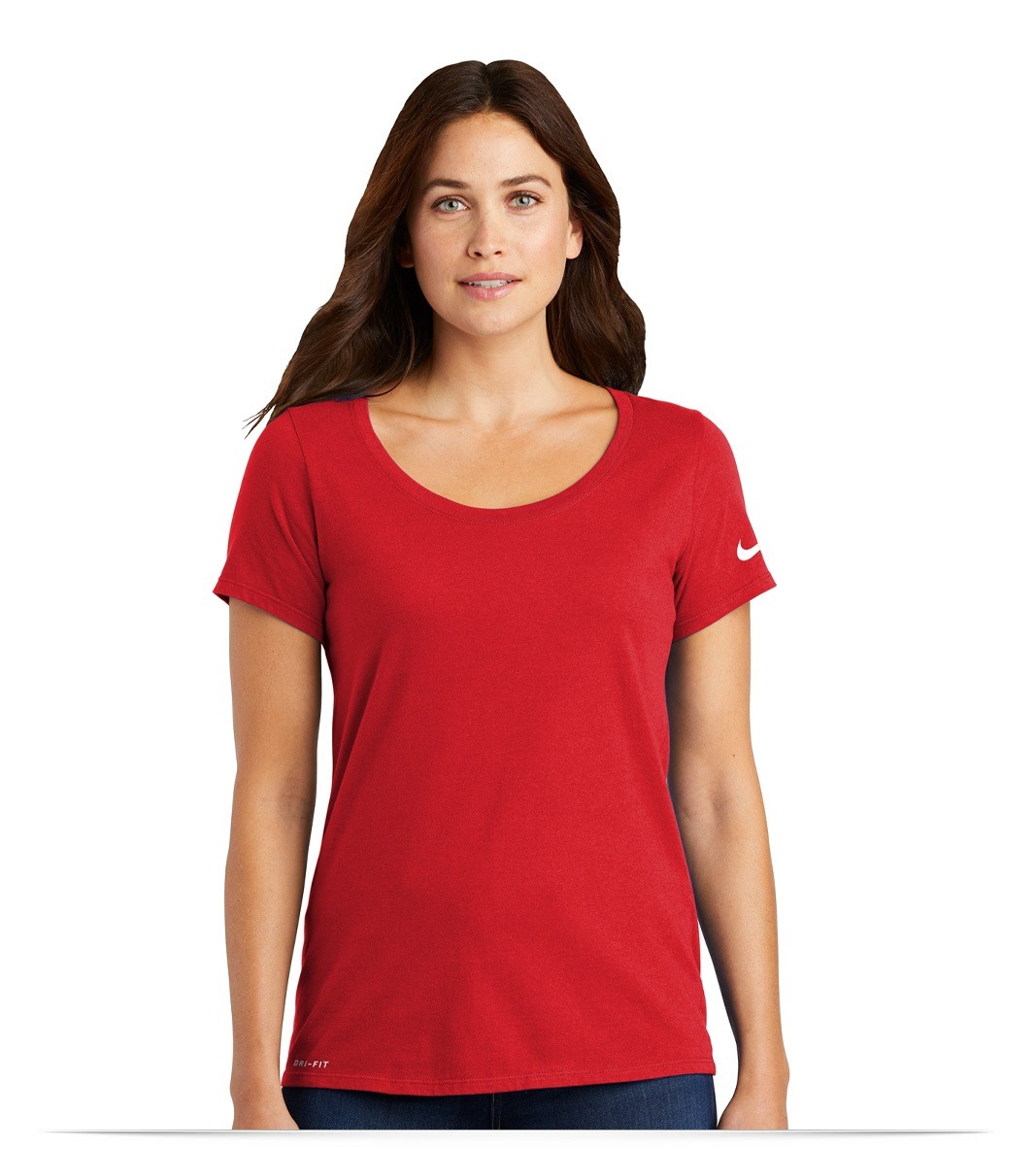 NKBQ5234_universityred_front Nike Ladies Dri-FIT Cotton/Poly Scoop Neck Tee