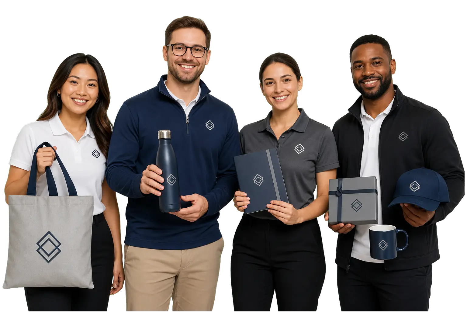 Business Team with Custom Branded Merchandise