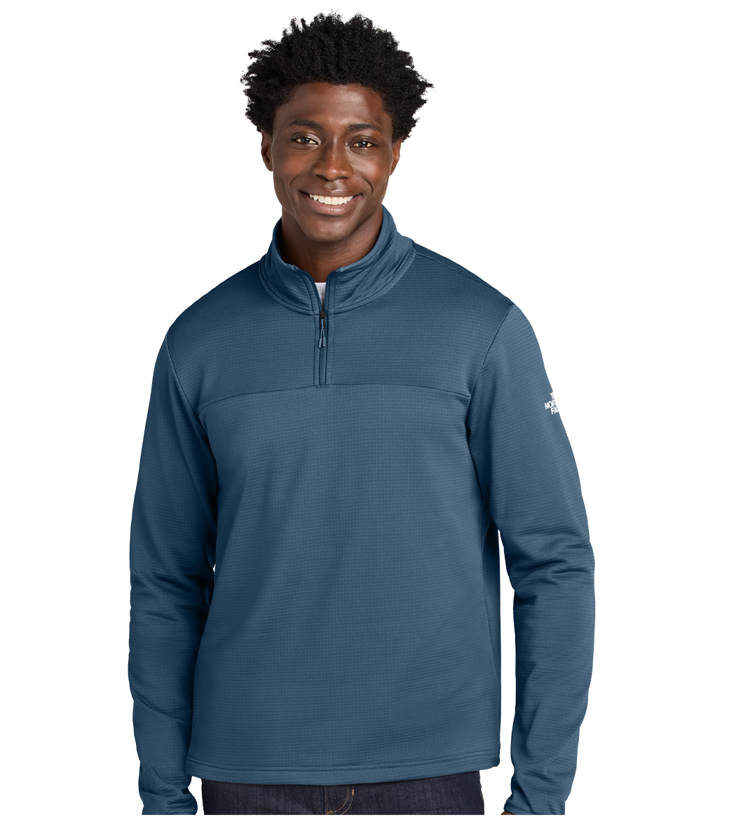 Custom The North Face quarter-zip fleece in blue with transparent background